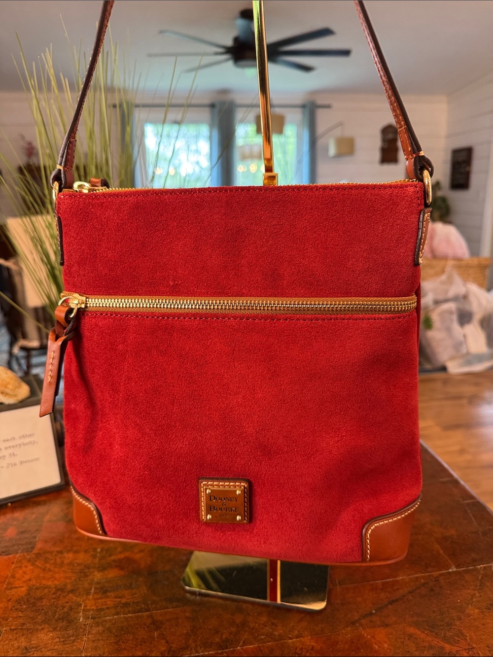 🩵Dooney & Bourke Red Suede Crossbody with Brown Leather Trim